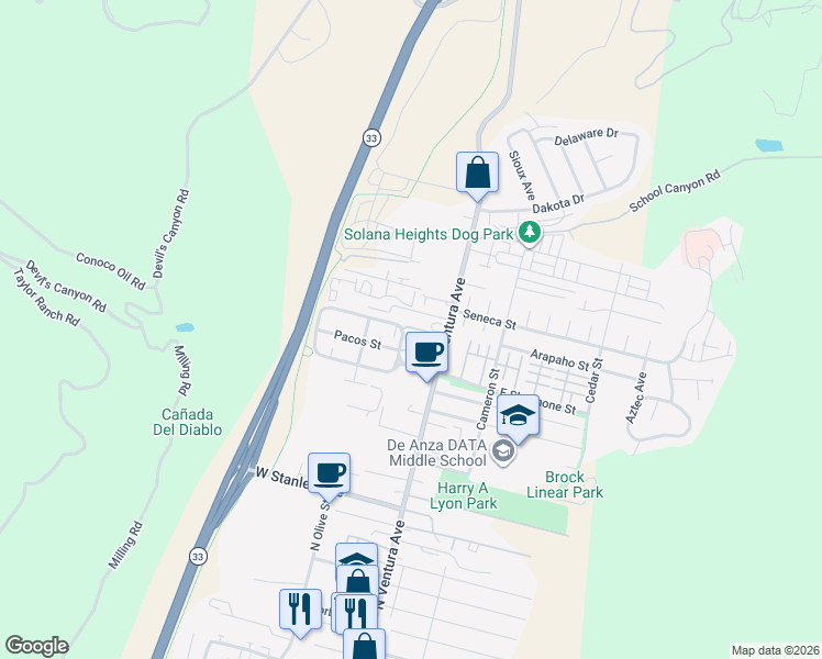 map of restaurants, bars, coffee shops, grocery stores, and more near 2334 Kipana Avenue in Ventura