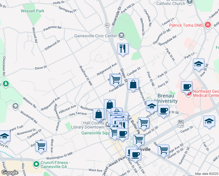 map of restaurants, bars, coffee shops, grocery stores, and more near 330 Forrest Avenue in Gainesville