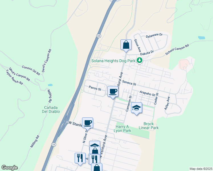map of restaurants, bars, coffee shops, grocery stores, and more near 2410 Kipana Avenue in Ventura