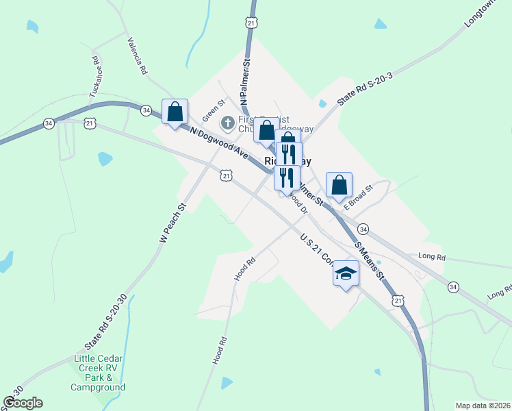 map of restaurants, bars, coffee shops, grocery stores, and more near 330 West Church Street in Ridgeway