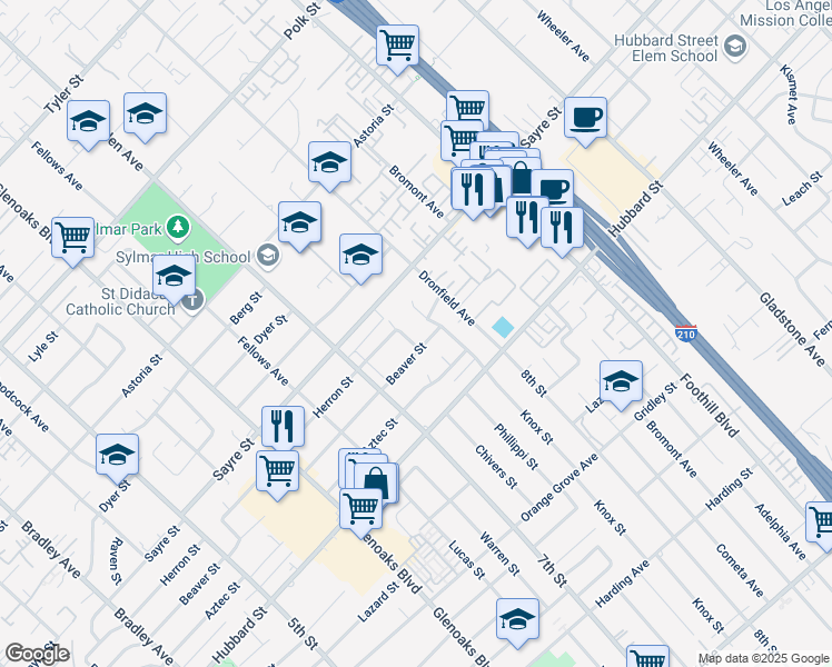 map of restaurants, bars, coffee shops, grocery stores, and more near 13935 Beaver Street in Los Angeles