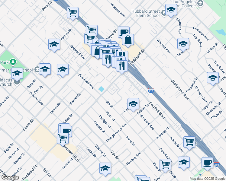 map of restaurants, bars, coffee shops, grocery stores, and more near 13664 Bombay Street in San Fernando