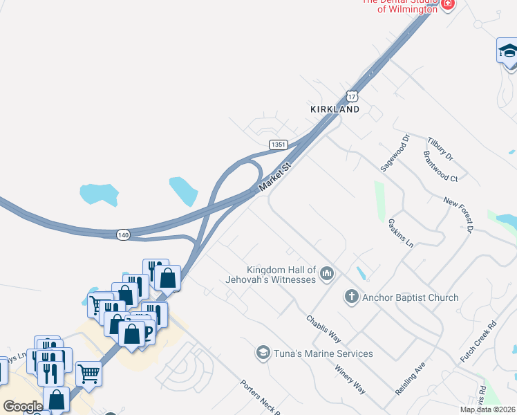 map of restaurants, bars, coffee shops, grocery stores, and more near 104 Futch Creek Road in Wilmington