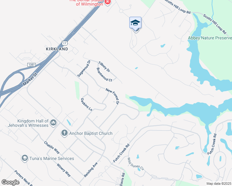 map of restaurants, bars, coffee shops, grocery stores, and more near 8814 New Forest Drive in Wilmington