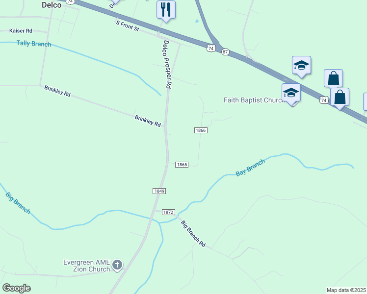 map of restaurants, bars, coffee shops, grocery stores, and more near 669 Delco Prosper Road in Delco