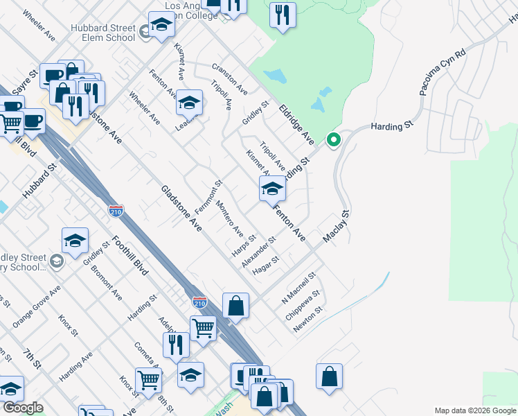 map of restaurants, bars, coffee shops, grocery stores, and more near 13060 Harding Street in Los Angeles
