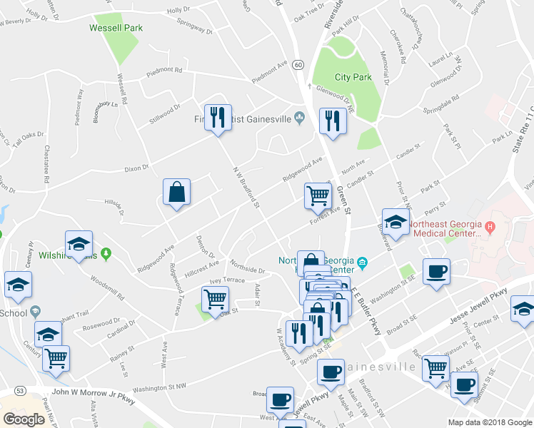 map of restaurants, bars, coffee shops, grocery stores, and more near 430 North Avenue Northwest A in Gainesville