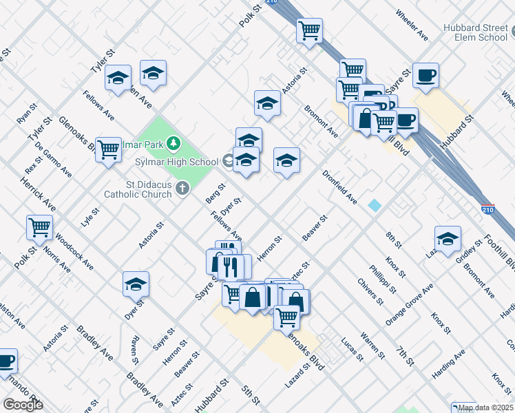map of restaurants, bars, coffee shops, grocery stores, and more near 12936 Borden Avenue in Los Angeles