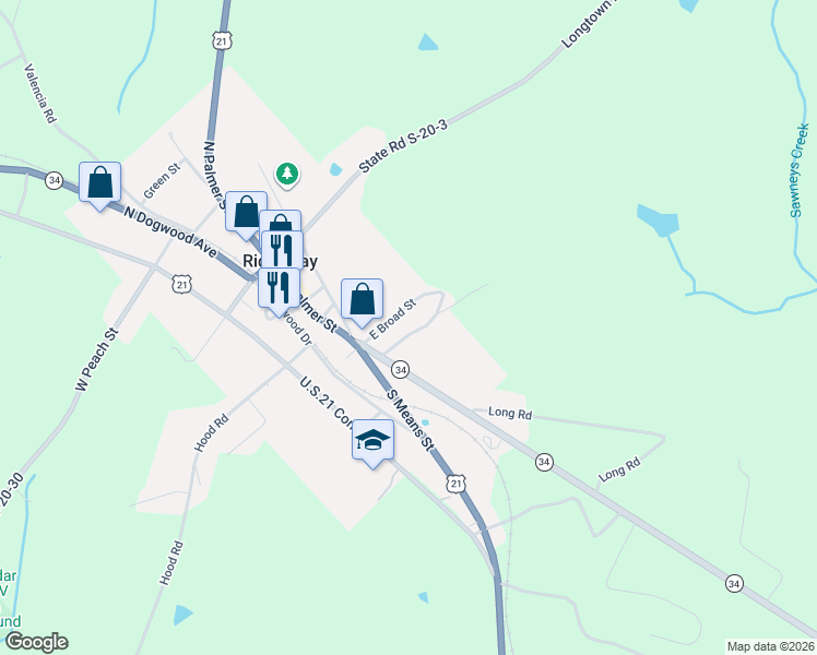 map of restaurants, bars, coffee shops, grocery stores, and more near 105 East Broad Street in Ridgeway