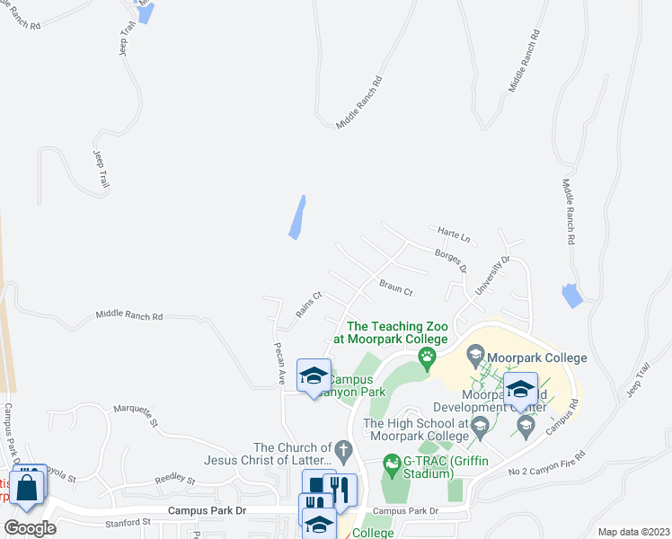 map of restaurants, bars, coffee shops, grocery stores, and more near 15309 Seitz Court in Moorpark