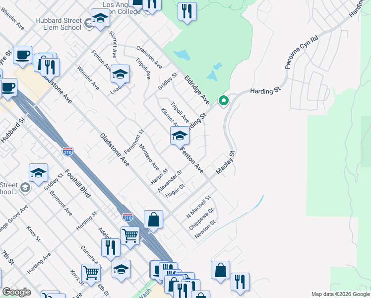map of restaurants, bars, coffee shops, grocery stores, and more near 13060 Harding Street in Los Angeles