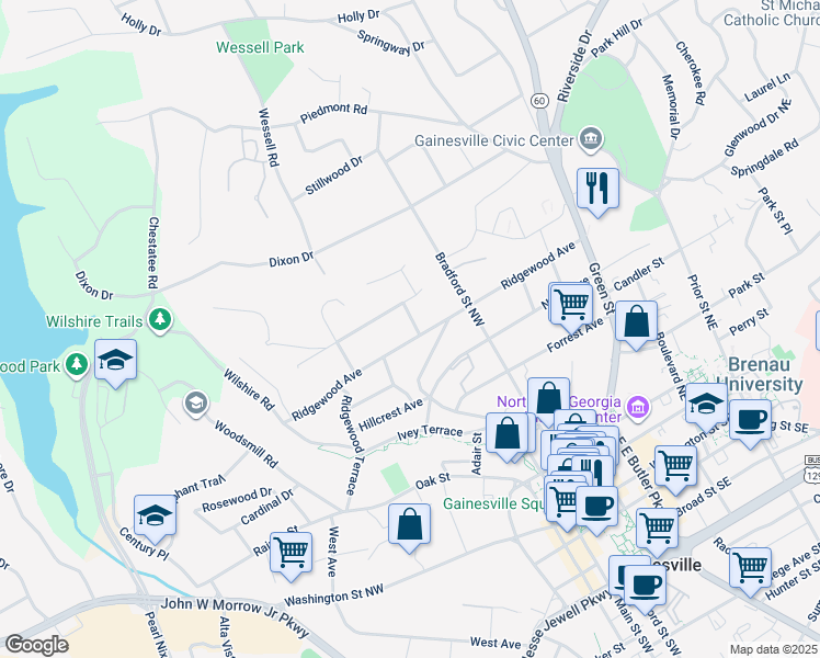 map of restaurants, bars, coffee shops, grocery stores, and more near 601 Ridgewood Avenue in Gainesville