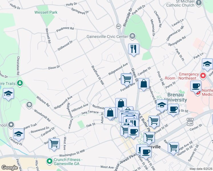 map of restaurants, bars, coffee shops, grocery stores, and more near 428 North Avenue in Gainesville