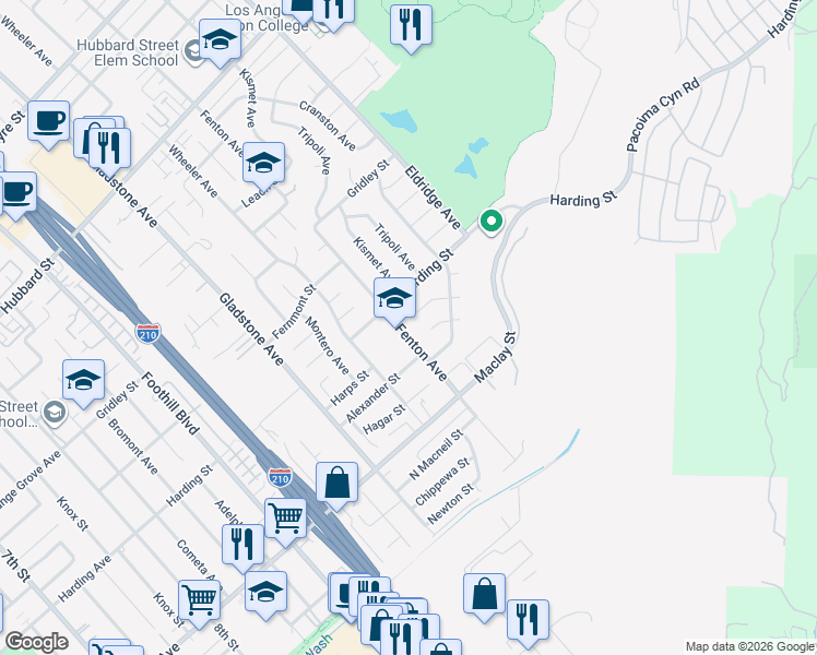 map of restaurants, bars, coffee shops, grocery stores, and more near 12940 Fenton Avenue in Los Angeles