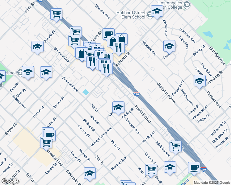 map of restaurants, bars, coffee shops, grocery stores, and more near 13550 Foothill Boulevard in Los Angeles