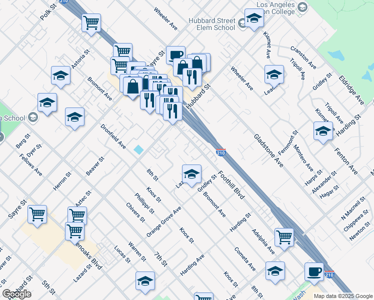 map of restaurants, bars, coffee shops, grocery stores, and more near 12888 Adelphia Avenue in San Fernando