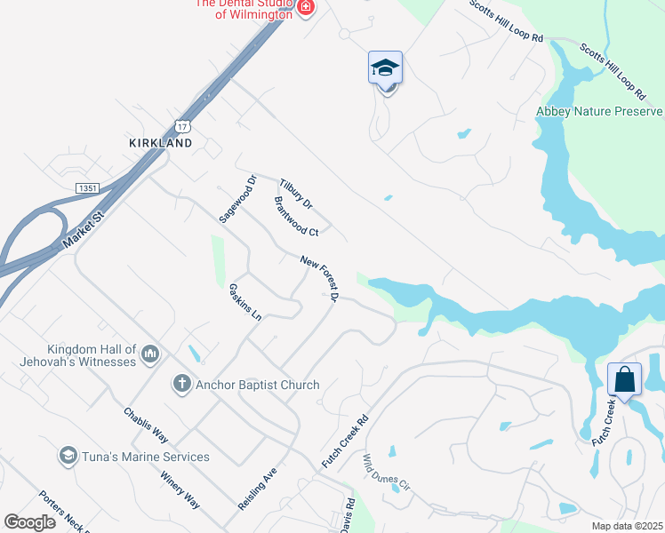 map of restaurants, bars, coffee shops, grocery stores, and more near 8814 New Forest Drive in Wilmington