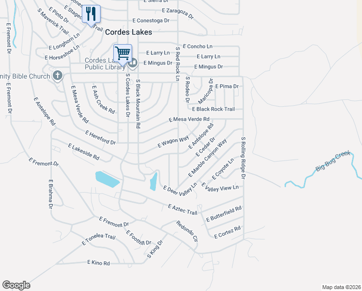 map of restaurants, bars, coffee shops, grocery stores, and more near 20737 East Antelope Road in Mayer