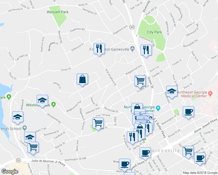 map of restaurants, bars, coffee shops, grocery stores, and more near 630 Northside Drive in Gainesville