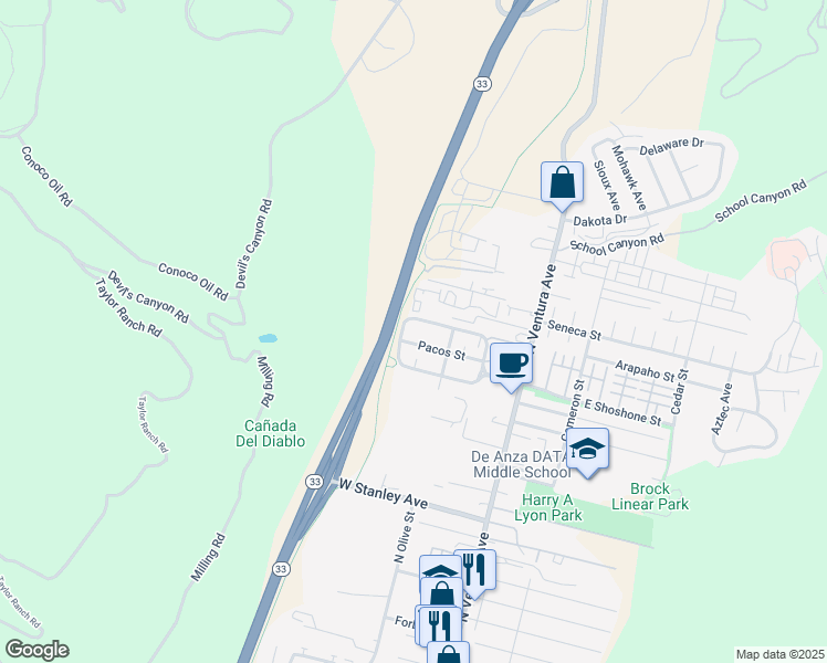 map of restaurants, bars, coffee shops, grocery stores, and more near 350 Potawatomi Street in Ventura