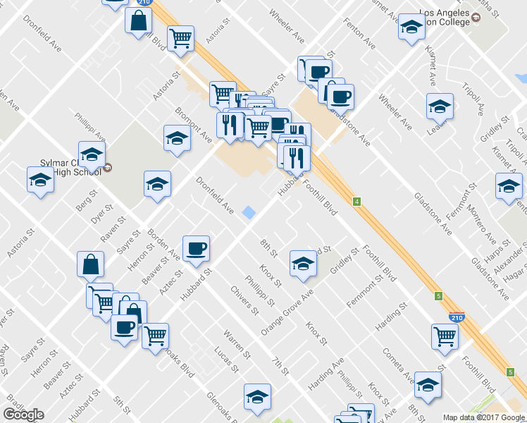 map of restaurants, bars, coffee shops, grocery stores, and more near Hubbard Street in Los Angeles
