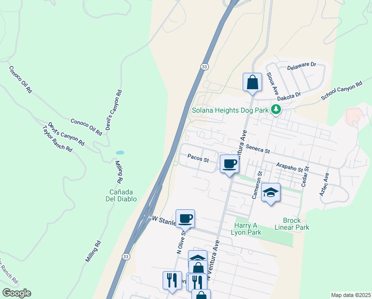 map of restaurants, bars, coffee shops, grocery stores, and more near 350 Potawatomi Street in Ventura