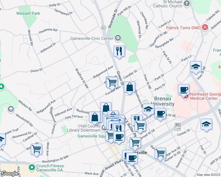 map of restaurants, bars, coffee shops, grocery stores, and more near 225 Forrest Avenue in Gainesville