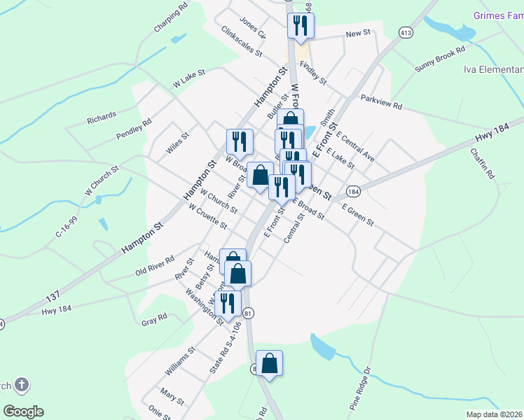 map of restaurants, bars, coffee shops, grocery stores, and more near 505 West Front Street in Iva