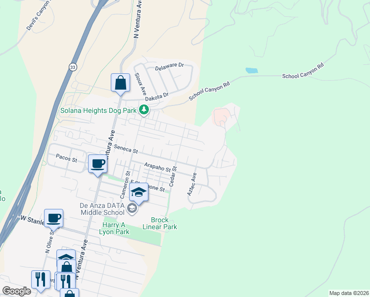 map of restaurants, bars, coffee shops, grocery stores, and more near 472 Hupa Street in Ventura