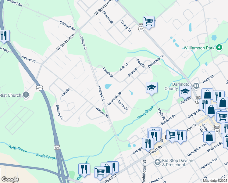 map of restaurants, bars, coffee shops, grocery stores, and more near 345 Doneraile Street in Darlington