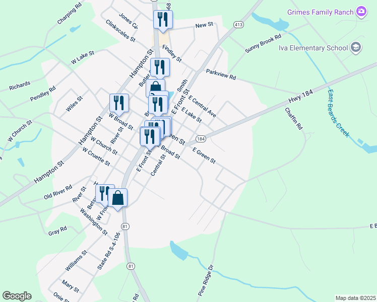 map of restaurants, bars, coffee shops, grocery stores, and more near 303 East Broad Street in Iva