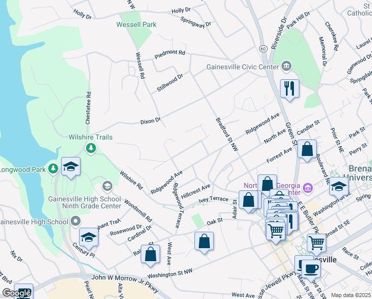 map of restaurants, bars, coffee shops, grocery stores, and more near 651 Crestview Terrace in Gainesville