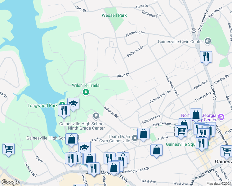 map of restaurants, bars, coffee shops, grocery stores, and more near 799 Hillside Drive in Gainesville