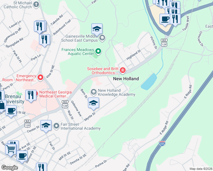 map of restaurants, bars, coffee shops, grocery stores, and more near Stone Street in Gainesville