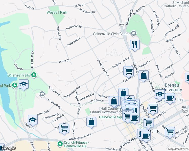map of restaurants, bars, coffee shops, grocery stores, and more near 601 Ridgewood Avenue in Gainesville