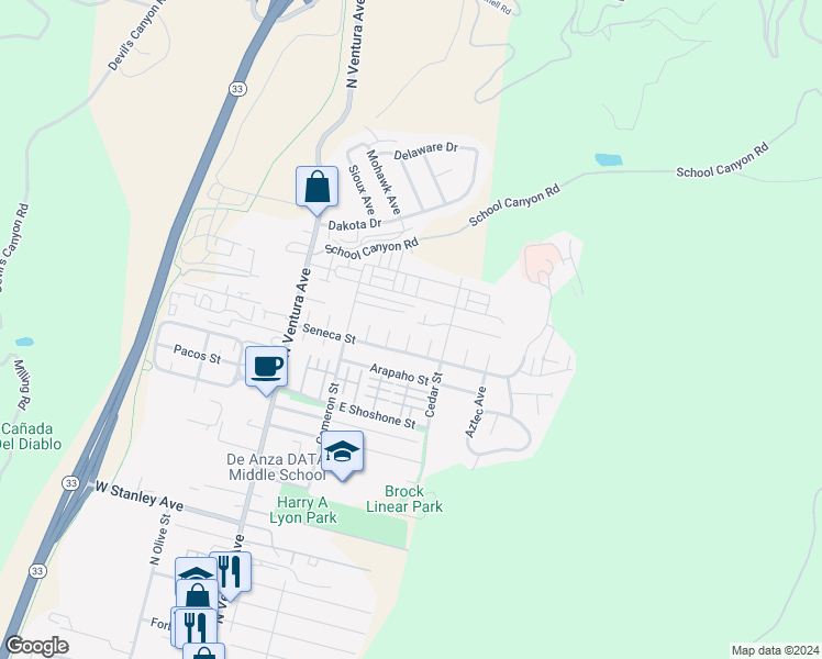 map of restaurants, bars, coffee shops, grocery stores, and more near 2545 Mandan Court in Ventura