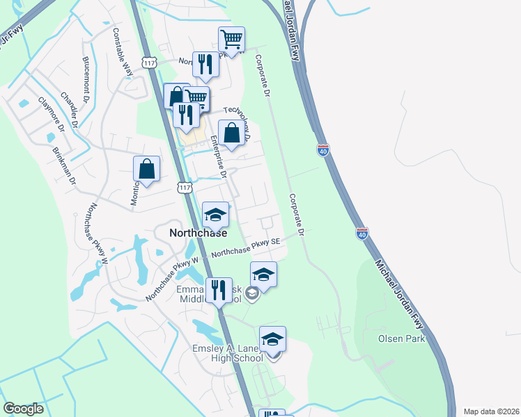 map of restaurants, bars, coffee shops, grocery stores, and more near 3005 Promenade Court in Wilmington