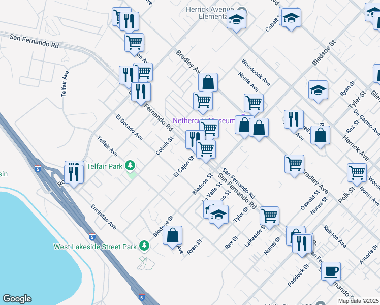 map of restaurants, bars, coffee shops, grocery stores, and more near 12961 San Fernando Road in Los Angeles