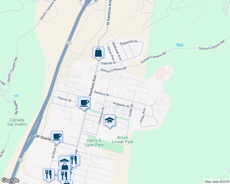 map of restaurants, bars, coffee shops, grocery stores, and more near 220 Pomo Street in Ventura