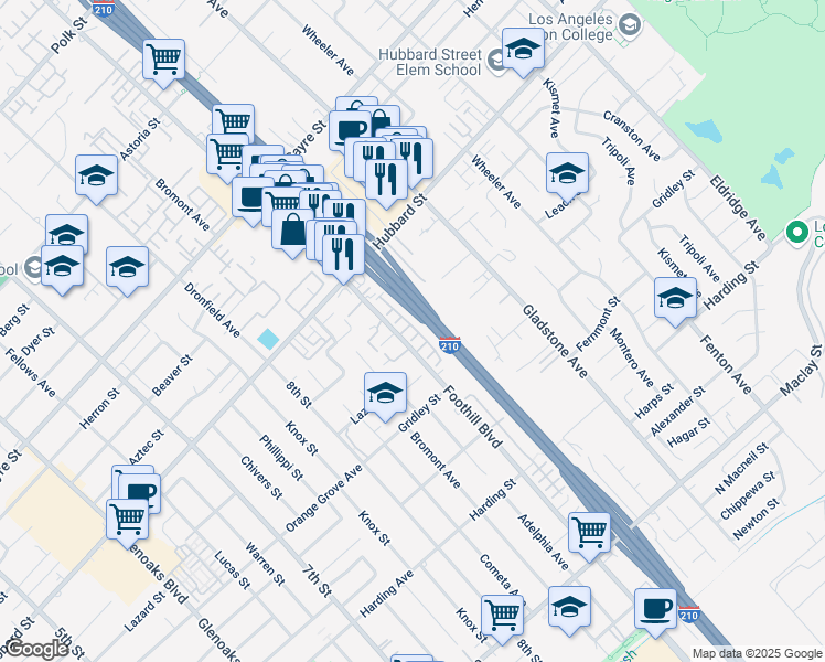 map of restaurants, bars, coffee shops, grocery stores, and more near 12920 Four Palms Lane in Los Angeles