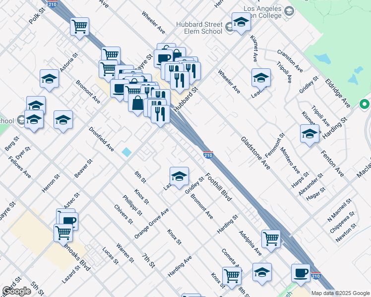map of restaurants, bars, coffee shops, grocery stores, and more near 12920 Four Palms Ln in Los Angeles