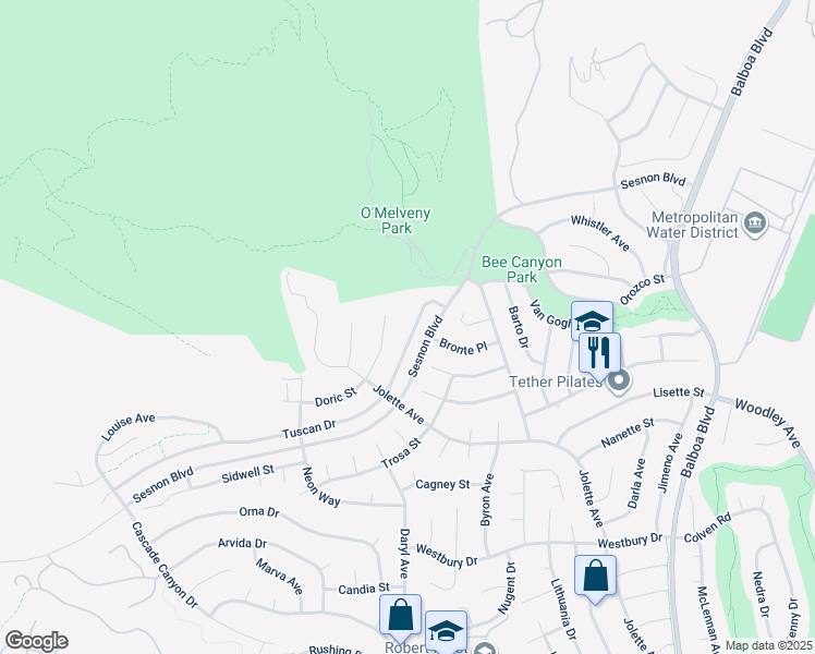 map of restaurants, bars, coffee shops, grocery stores, and more near 17435 Tuscan Drive in Los Angeles