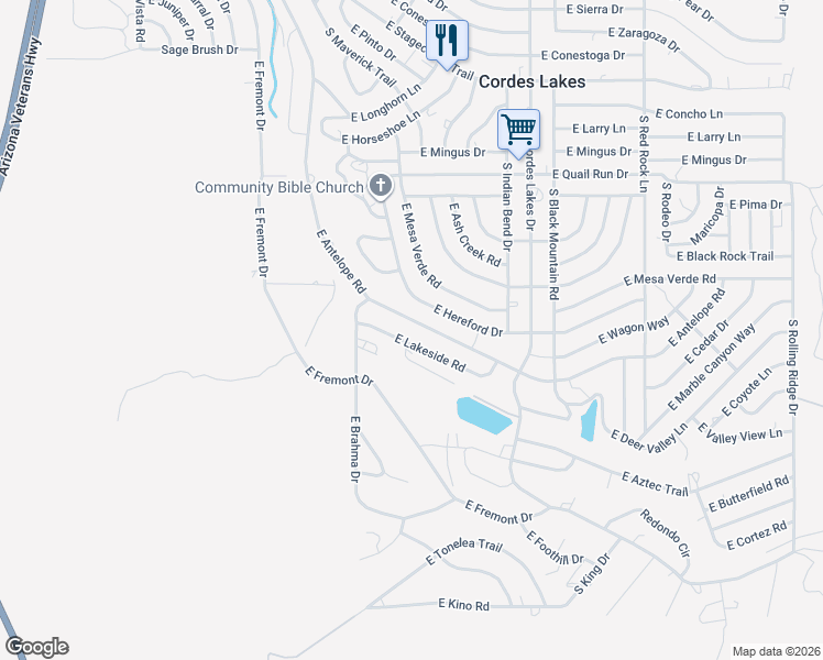map of restaurants, bars, coffee shops, grocery stores, and more near 20066 East Antelope Road in Mayer