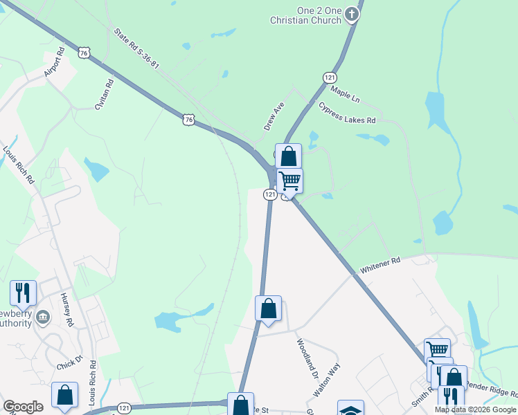 map of restaurants, bars, coffee shops, grocery stores, and more near 4030 College Street in Newberry