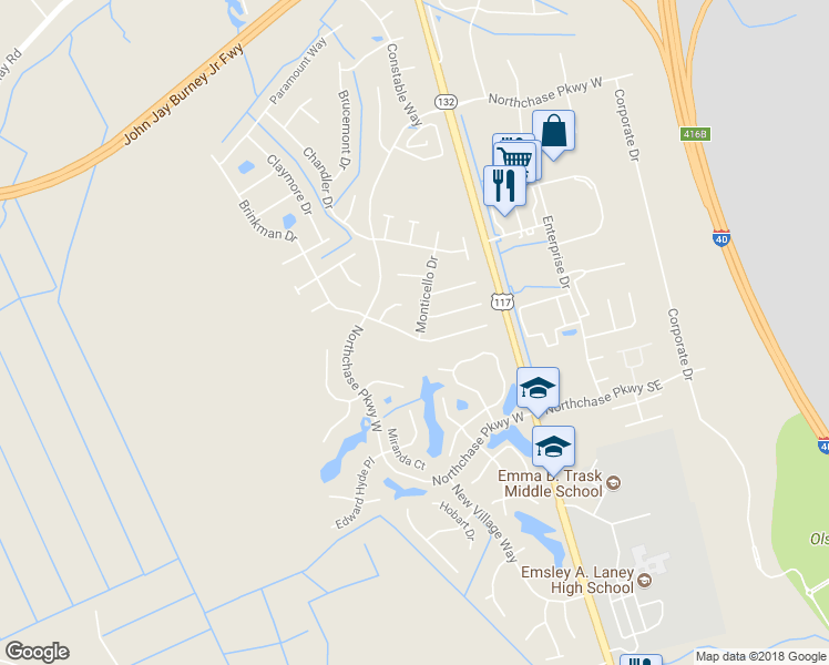 map of restaurants, bars, coffee shops, grocery stores, and more near 3101 Monticello Drive in Wilmington
