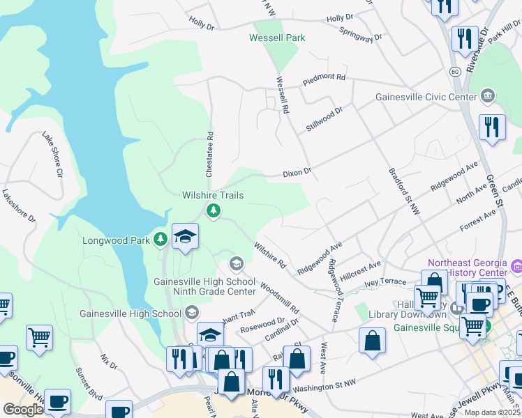 map of restaurants, bars, coffee shops, grocery stores, and more near 811 Hillside Drive in Gainesville