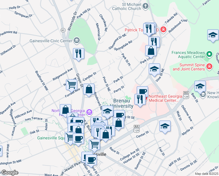 map of restaurants, bars, coffee shops, grocery stores, and more near 721 Park Street in Gainesville