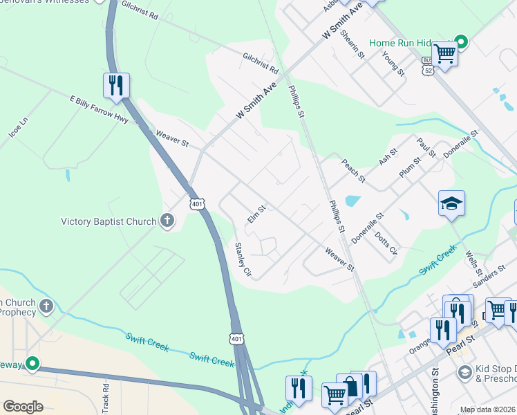 map of restaurants, bars, coffee shops, grocery stores, and more near 621 Weaver Street in Darlington