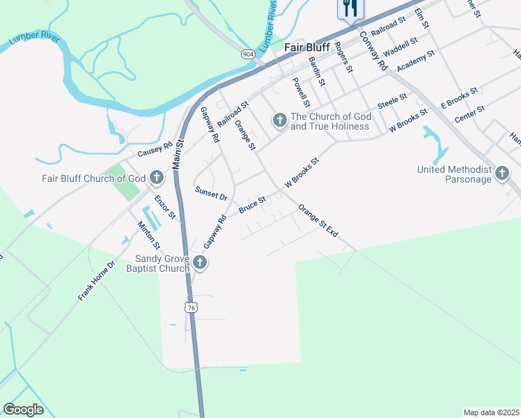 map of restaurants, bars, coffee shops, grocery stores, and more near 91 Bruce Street in Fair Bluff