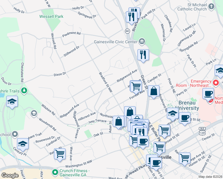 map of restaurants, bars, coffee shops, grocery stores, and more near 401 Ridgewood Avenue in Gainesville